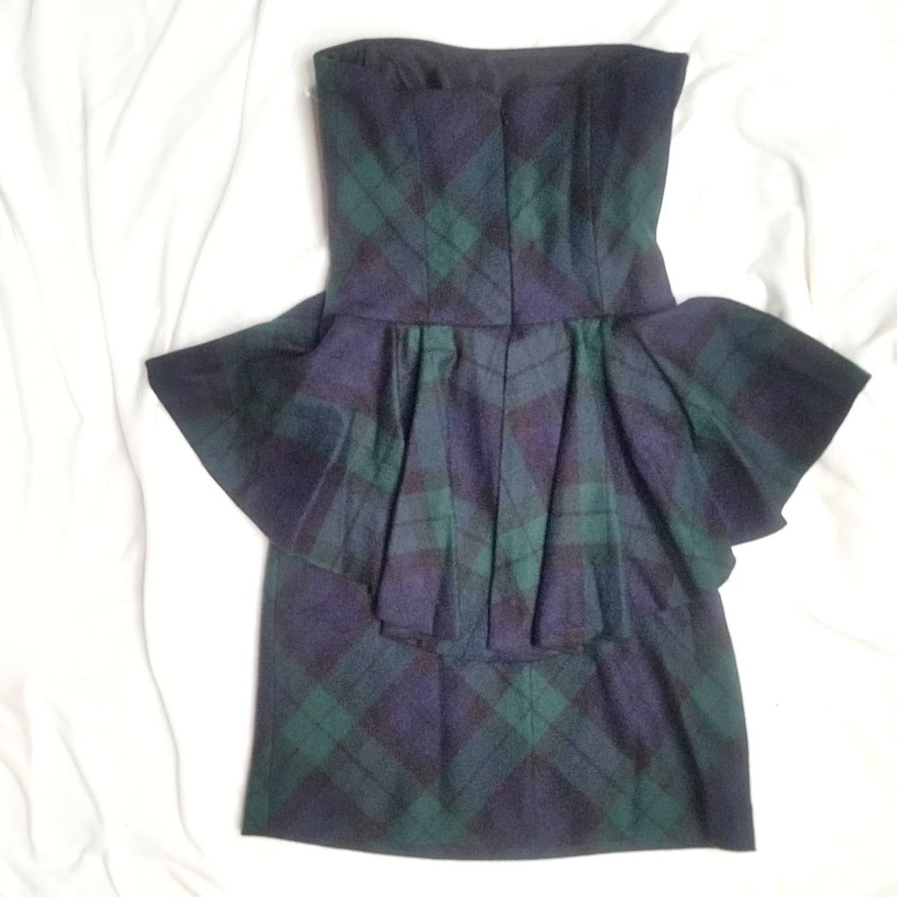 Ralph Lauren Plaid Dress Blue Green Wool Strapless - Picture 8 of 9